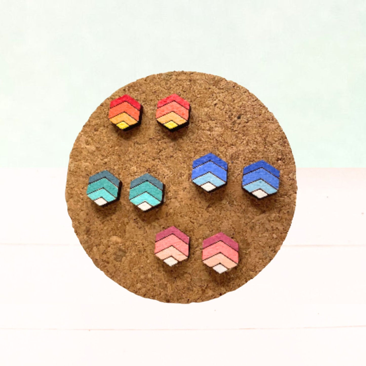 Geometric Wood Striped Studs, Hexagon Ombre Earrings, Wooden Stud Earings, Handmade Earrings, Hand Painted Earrings, Ombre Stud Earrings