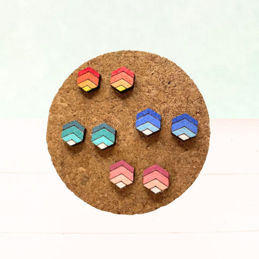 Geometric Wood Striped Studs, Hexagon Ombre Earrings, Wooden Stud Earings, Handmade Earrings, Hand Painted Earrings, Ombre Stud Earrings